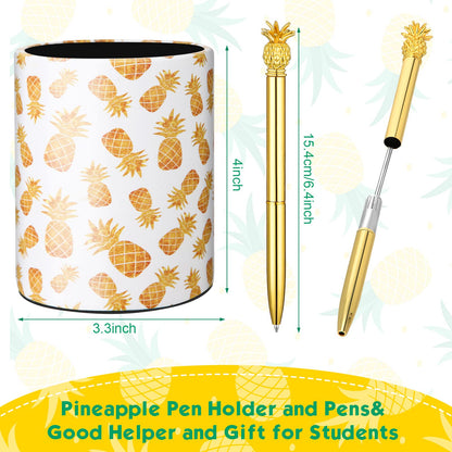 BBTO Pineapple Pen Holder with 6 Pcs Pineapple Shaped Pens Gifts Ballpoint Black 0.5mm Gel Ink Pen for Pencil Cups for Women Girls Desk Organizer Makeup Brush Holder Classroom Offices Home(Gold)