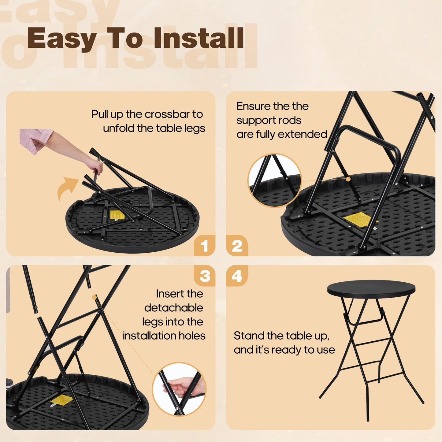 GlowitLian 32" Round Folding Table, Portable Bar Height Folding Table with Detachable Legs, Round Foldable Table with HDPE Top for Standing Parties, Balcony, Event, Indoor Outdoor Use (Black, 1 Pack)