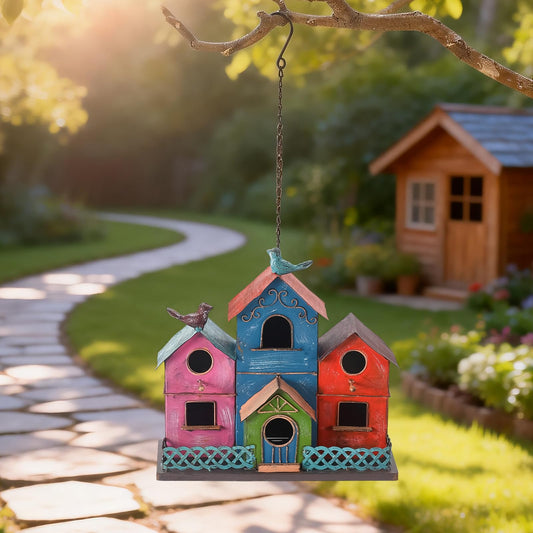 Metal Bird Houses for Outside Hanging, Large Bird Houses for Outdoors with 4 Compartments for Birds to Nest in, Colorful Birdhouse with Easy Clean Back Doors, Escape Holes & Ventilation