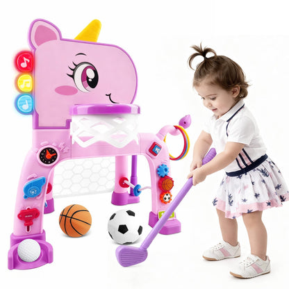 Toddler Basketball Hoop & Soccer Goal Activity Center with Golf Ring Toss, 4 In 1 Toddler Sport Toy with Light & Bilingual Music, Montessori Toy for 1 Year Old Girl Gift (24.2''-27.6'' H)