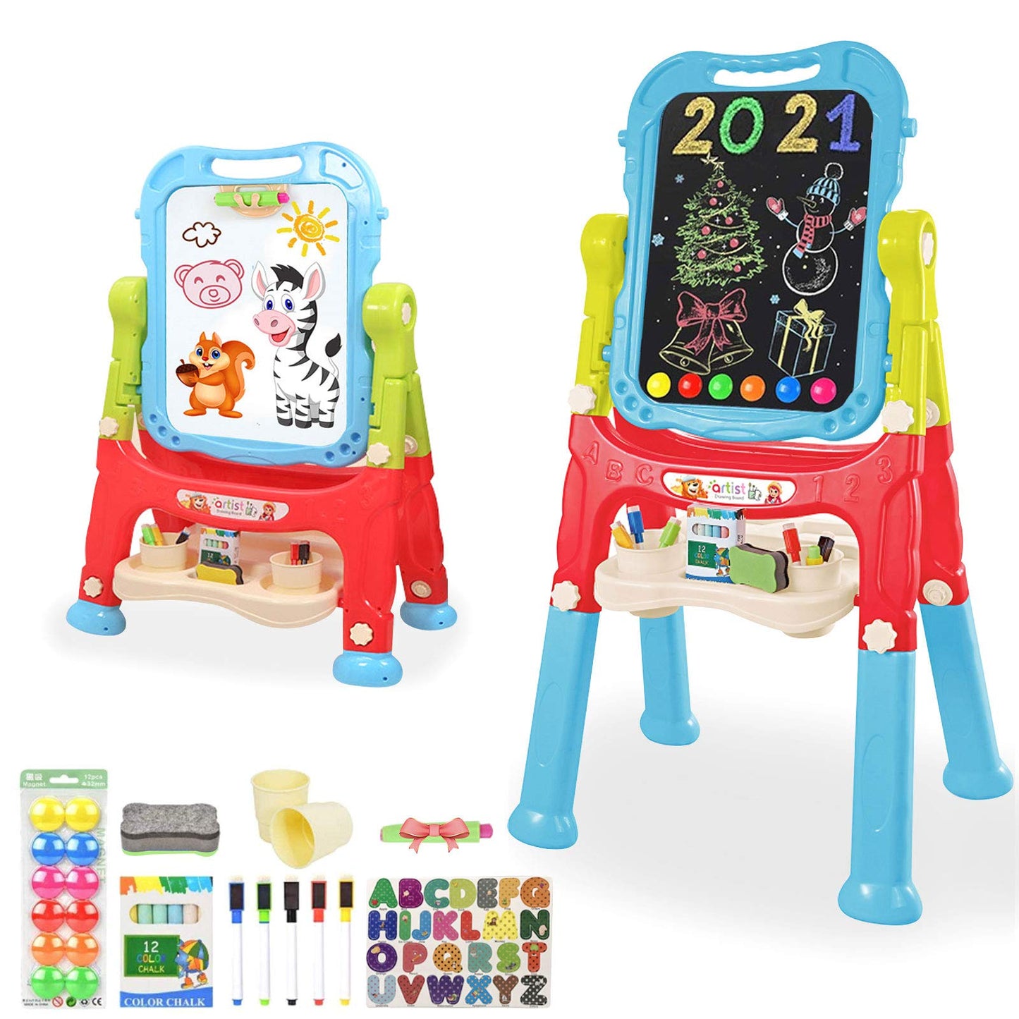 Mojitodon Easel for Kids,Rotatable Double Sided Adjustable Standing Art Easel with Painting Accessories for Toddlers Boys and Girls-Blue