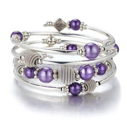 Beaded Chakra Bangle Turquoise Bracelet - Fashion Jewelry Wrap Bracelet with Thick Silver Metal and Mala Beads, Birthday Gifts For Women(Purple pear)