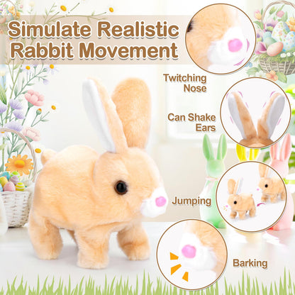 Hopping Bunny Toy, Easter Bunny Stuffed Animal Interactive Electronic Plush with Sounds and Movements, Animated Walking Wiggle Ears Twitch Nose, Easter Gifts for Kids Toddlers Boys Girls (brown)