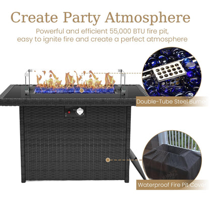 Aeeiua 8 Piece Patio Furniture Set with Fire Pit Table, All-Weather Wicker Outdoor Conversation Set with Swivel Rocking Chair and 6 Inch Thick Cushions