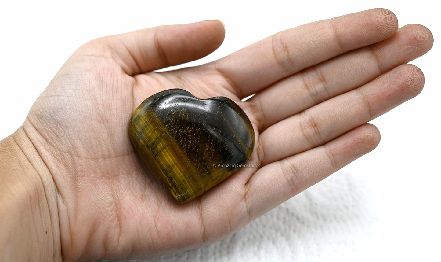 Tiger Eye Crystal Heart Palm Stone - Pocket Massage Worry Stone for Natural Body Chakra Balancing, Reiki Healing and Crystal Grid