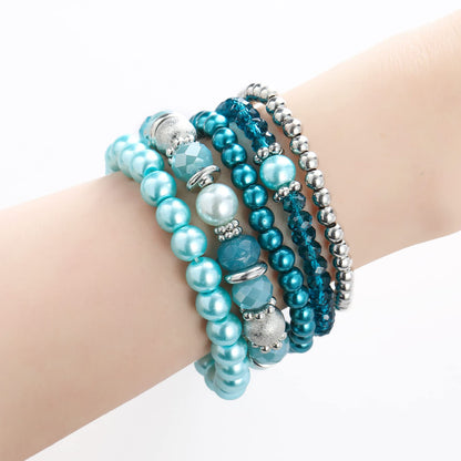 Noessla Beaded Pearl Stretch Bracelet Silver Stackable Crystal Beads Bracelets Trendy Costume Jewelry Mothers Day Gifts for Women(Turquoise)