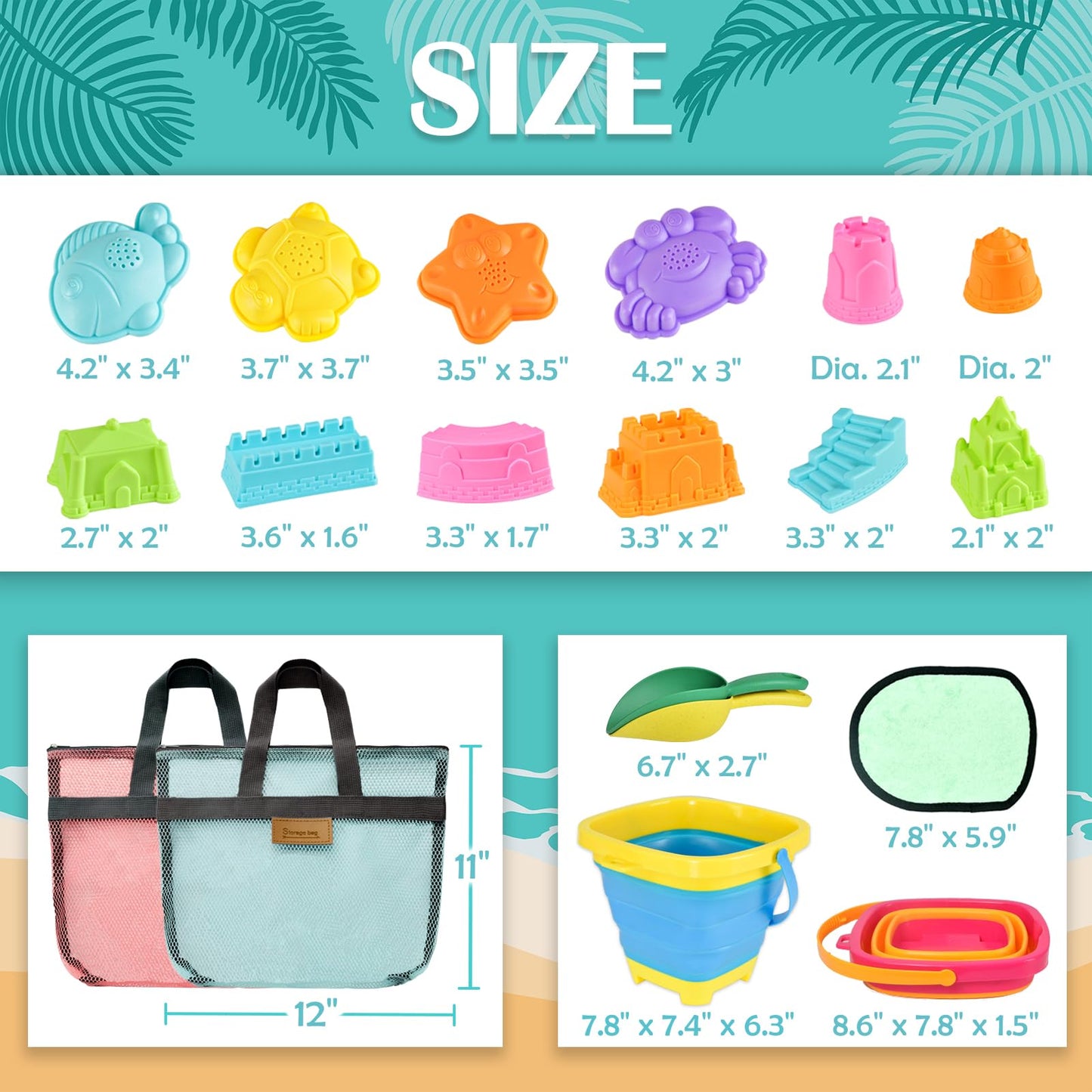 Aclarastra Collapsible Beach Sand Toys for Kids - Travel Beach Toys with 2 Collapsible Beach Buckets, Mesh Bags, Sand Castle Molds, Sand Bucket Shovel Set Sandbox Toy for Toddlers Kids