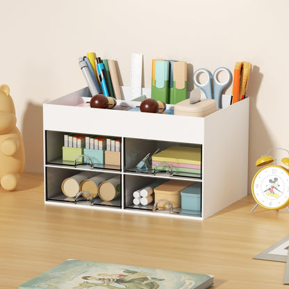 Marbrasse Pen Organizer with 4 Drawer, Multi-Functional Pencil Holder for Desk, Desk Organizers and Accessories with 4 Compartments + Drawer for Office Art Supplies (White)
