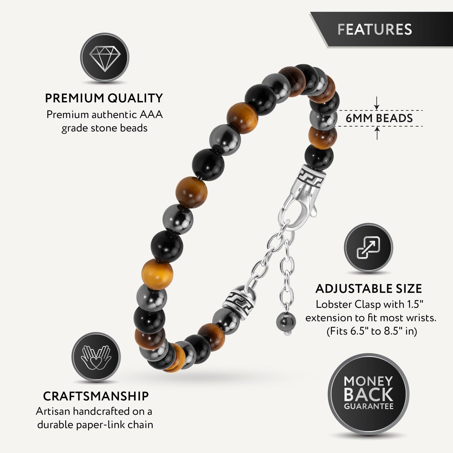 RTZN® Triple Protection Bracelet for Men – Premium Artisan Handcrafted Tigers Eye, Black Obsidian & Hematite Bracelet for Men & Women – 6MM Beaded Spiritual Bracelets – Adjustable 6.5"–8.5" (Chain Fit)