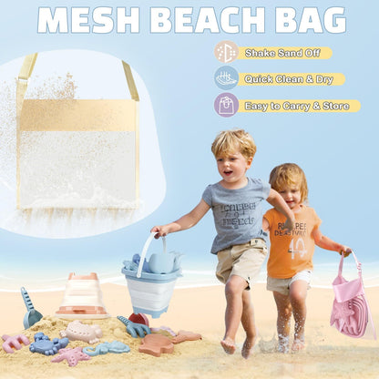 Dreamon Beach Toys Set for Kids 3-10, Collapsible Sand Buckets with Beach Molds and Mesh Bag, 3 Pack Shovels Set Sand Toys for Beach, Sandbox Travel Toys for Toddlers Kids