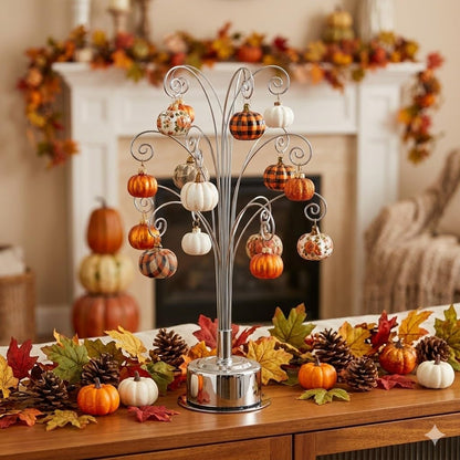 HOHIYA Ornament Display Stand 360° Rotating Christmas Tree Display with 15 Metal Hooks Tabletop Ornament Hanger for Crystal Glass Baubles Elegant Chrome Silver Eater Decor