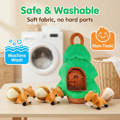 Squirrel Tree Baby Sensory Toy for 6-12 Months, Montessori Plush Hide and Seek Toy for Toddlers 1-3, Infant Developmental Stuffed Animal Playset with 5 Squirrels, Newborn Gift for Boys Girls