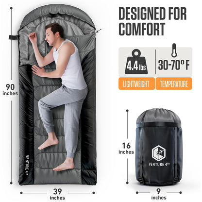 VENTURE 4TH 3-Season XXL Backpacking Sleeping Bag, Camping Sleeping Bags for Adults & Kids - Lightweight, Comfortable, Water Resistant, Ideal for Hiking, Camping & Outdoor – Silver/Black