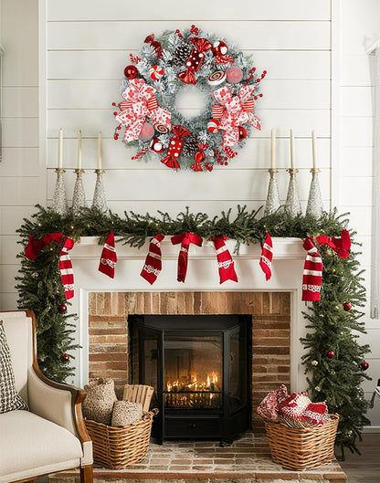 24" Artificial Christmas Wreath with Red Candy Accents, Double Ribbon Bows, Pine Cones & Ornaments, White Cedar Base for Christmas Thanksgiving Winter Holiday Front Door and Wall Decoration
