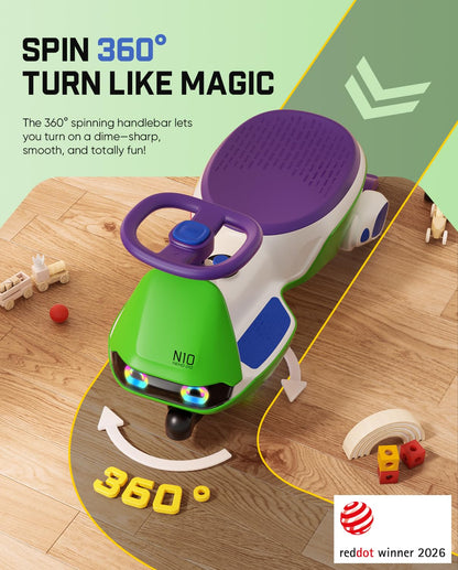 FanttikRide N10 Pro Electric Wiggle Car, USB-C Fast Charging, One-Click Detachable Mop, RGB Eye Lights, Flashing Wheels, Bluetooth, Anti-Rollover, GlideWiz, Ride on Toys for Ages 3+, 150 Lbs, Green