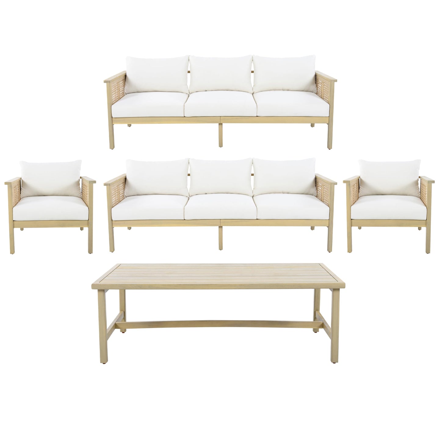 Christopher Knight Home Teras 8-Seater Patio Furniture Set with Removable Cushion, 5 Piece Outdoor Acacia Wood Conversation Set, Sold Wood Outdoor Sectional Sofa Set with Coffee Table,Light Teak+Cream