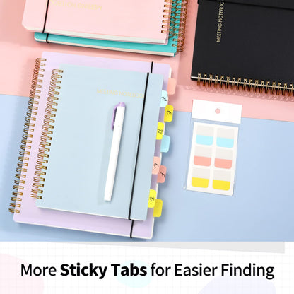 SUNEE Meeting Notebook for Work with Sticky Tabs - 160 Pages, A4 Size Project Planner, Spiral Meeting Agenda/Minutes Notebook Organizer for Women Men, Note Taking, Office & Business, 8.5"x11", Black