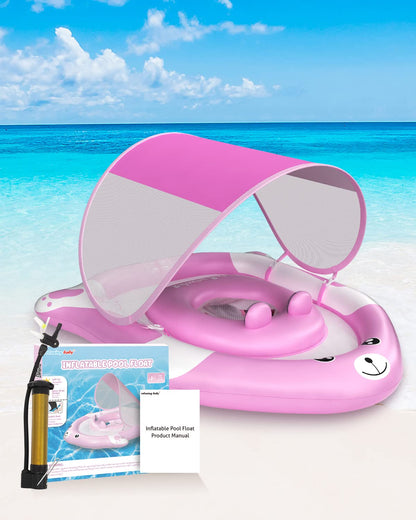 Relaxing Baby - Pool Float with Adjustable Seat Pocket,Baby Swimming Float with Canopy of UPF 50+ UV Protection, Super Safety Bear-Shaped Baby Floats for 6-36 Months,Pink Bear