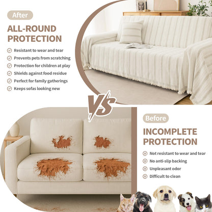 KaviKon Couch Cover for Dogs, Boho Sofa Covers for 3 Cushion Couch, Chenille Sofa Slipcover for Pets Washable, L-Shape Sectional Loveseat Cover Soft Throw Blankets with Tassels(71x118,Striped Beige)