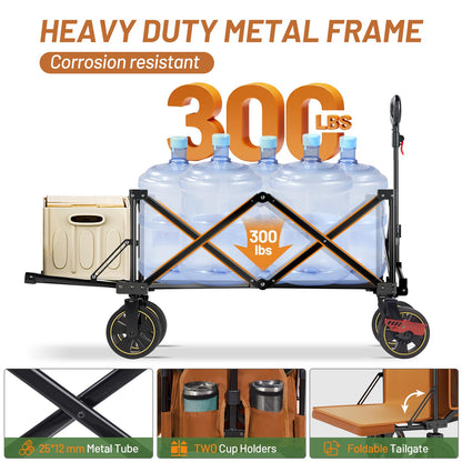 Timber Ridge 49" Extra Long Collapsible Folding Wagon with Tailgate and Brakes, 250L Capacity All-Terrain Wagon Carts Foldable, 300lbs Portable Cart for Dog, Garden, Outdoor Camping Sports, Orange