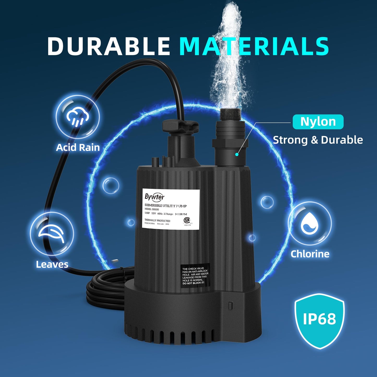 Bywter 1/6 HP Submersible Water Pump, 1500 GPH Sump Pump with Thermoplastic Housing, 115V Portable Electric Water Pump with 10 Ft Cord for Basement, Yard, Boats and Pool Covers