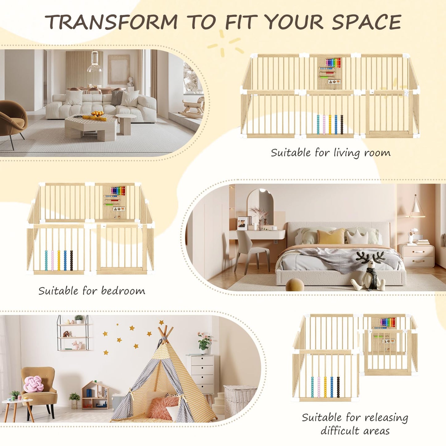 EXPERLAM Baby Playpen - Wooden Playpen for Babies and Toddlers, Foldable Play Pen with Locking Gate, Portable Baby Fence with Adjustable Shape and Size, Extra Large Toddler Play Yard (58X58x23.5Inch)