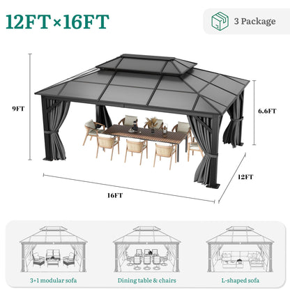 YITAHOME 12x16FT Polycarbonate Gazebo Double Roof Canopy Outdoor with Netting and Shaded Curtains, Aluminum Frame Polycarbonate Hardtop Garden Tent for Patio, Backyard, Deck and Lawns, Grey