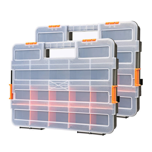 Makitoyo Tool Box Organizers, Interlocking Black Small Parts Organizer for Fasteners, Parts and Crafts w/Removable Dividers, 2 Pieces Pack, Black & Orange,15”L×11.6”W×2.6”H