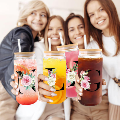 WINOWIMO Initial Glass Cups with Lids and Straws, Personalized Gifts for Women, Iced Coffee Cup Glass Tumbler, Birthday Bridesmaid Proposal Inspirational Customized Gifts for Her Girls (S)