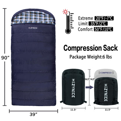 HiZYNICE Sleeping Bags for Adults Large Wide Cold Weather 20 Degree XL XXL Plus Size Oversized,Navy Blue Right Zip