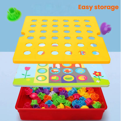 TINOTEEN Button Art Toy for Toddlers,Toddler Activities Crafts Color Matching Early Learning Educational Mosaic Pegboard 50 Buttons and 18 Pictures