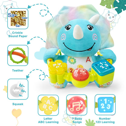 Holaxander Baby Dino Musical Stuffed Animals Toy with Light-Up Music & Crinkle Sound Paper,Infant Bilingual Early Learning Education Toys,Tummy Time Toys for 0-3-6-12+ Months Boy Girl