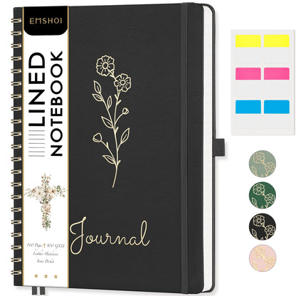 EMSHOI A4 College Ruled Spiral Notebook, Large 8.27"x11.2", 110 Numbered Pages, 100GSM Ink-Proof Faux Leather Hardcover Lay-Flat Lined Journal for Work Office School Writing, Black