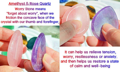 QINJIEJIE 2PCS Thumb Worry Stone for Anxiety Rose Quartz Amethyst Healing Crystals Sets Hand Carved Pocket Gemstones Meditation Crystal Reiki Palm Stone for Anxiety Relief Items