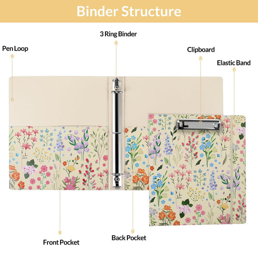 SKYDUE 1 Inch 3-Ring Binder with Clipboard, PU Aesthetic Binder with 5 Dividers, Notepad, Stickers & Pockets for Work and School (Letter Size)