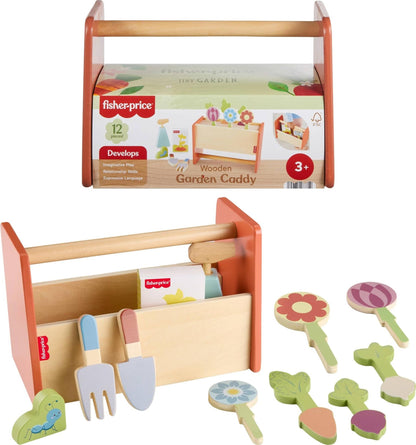 Fisher-Price Wood Pretend Play Toy Tiny Garden Caddy, 12-Piece Set with Wooden Tools & Plants for Preschool Kids Ages 3+ Years
