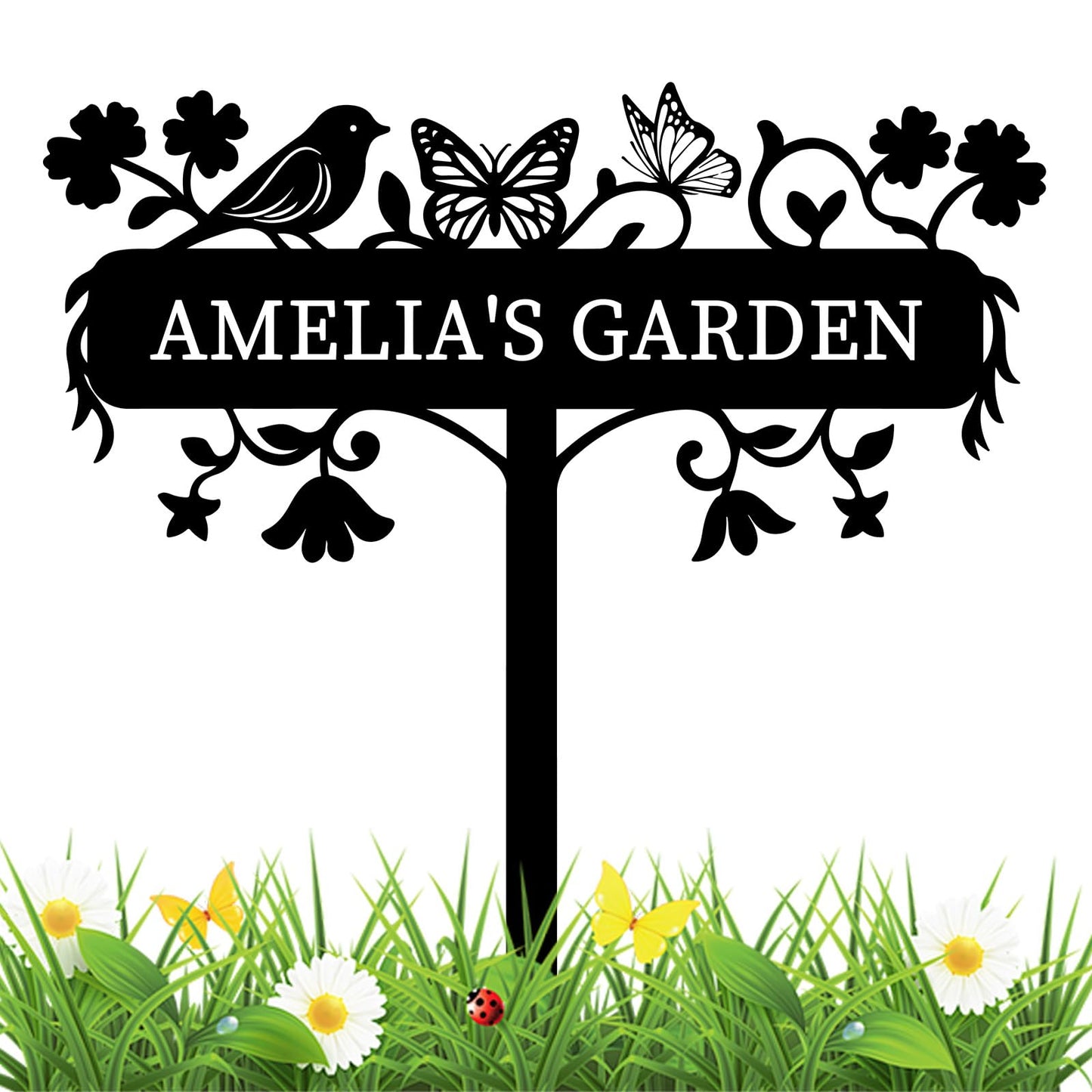 Custom Metal Garden Sign with Stake, Personalized Outdoor Name Plaque, Yard Sign for Lawn, Farm, Home Decor, Gardening Gift for Gardeners, Moms, Grandmas, Garden Lovers (Butterfly)