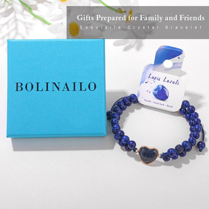 Natural Stone Bracelets for Women Crystal Beaded Bracelets Lapis Lazuli Heart Handmade Adjustable Bracelet Braided Healing Crystal for Women Men Mothers Day Christmas Graduation Gifts Jewelry