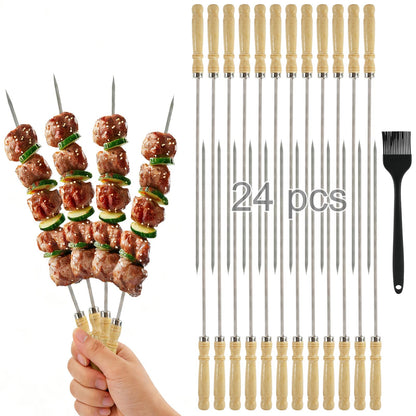 WRENYZK 24 Pcs Barbecue Skewers with Wooden Handles, Kabob Skewers for Grilling, 15.75" Stainless Steel BBQ Skewer with Basting Brush, Kabob Skewers Skewer Sticks for Camping or family