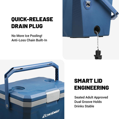 EchoSmile Ultra-Light Portable Cooler 20L/21qt, Outdoor Insulated Ice Chest Box