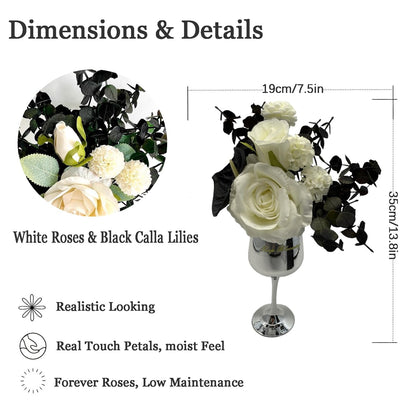 Silver Grace Crystal Flower Vase with Faux White Roses and Black Calla Lilies Elegant Artificial Flower Arrangement Decorative Glass Flowers for Home and Table Decor