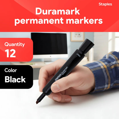 STAPLES Tank Permanent Markers, Chisel Tip, Black, 12 Pack – Duramark Bold Ink Markers for Labeling, Shipping & Industrial Use