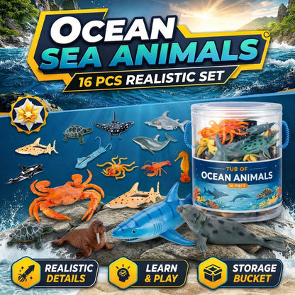 Liberty Imports Bucket of Ocean Sea Animals Toys - 16 PCS Large Underwater Deep Sea Creaures, Realistic Soft Plastic Marine Educational Toy Figures Playset for Toddlers, Kids
