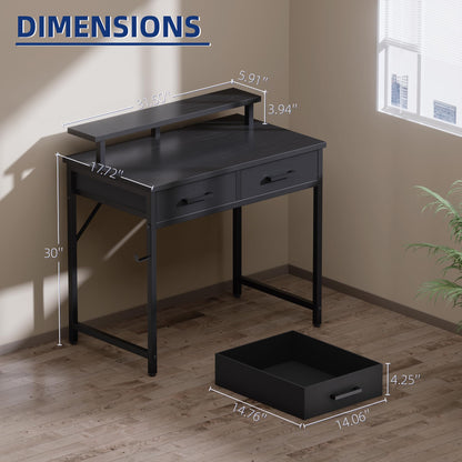 Pamray 32 Inch Small Computer Desk with Monitor Stand Home Office Desks with 2 Drawers for Bedroom Study Writing and Work Table for Small Spaces Black