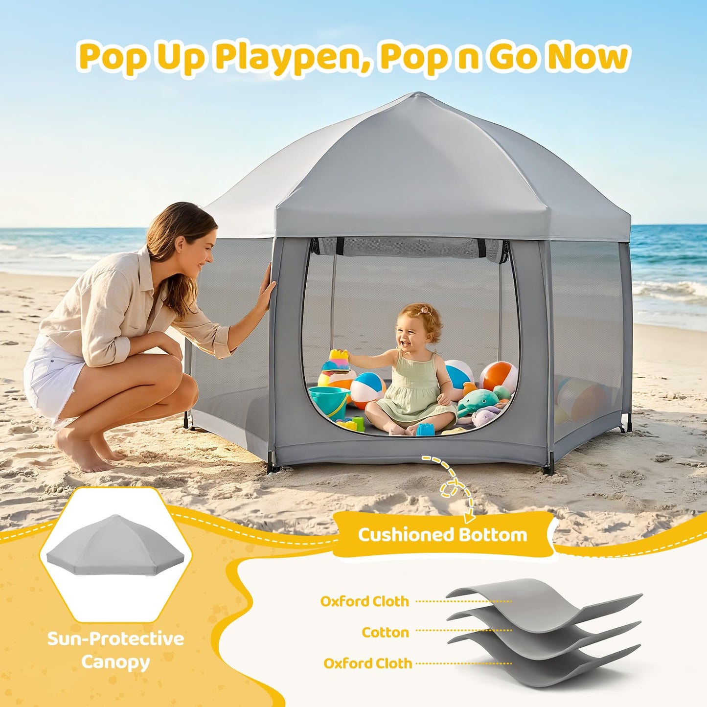Dripex Pop Up Playpen for Babies and Toddlers with Built-in Pad & One-Click Safe Lock,Foldable Indoor/Outdoor Playpen with Roll-Up Door &Top Mesh Window, Portable Travel Play Pen &Baby Beach Tent,Grey