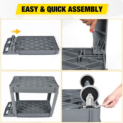 POTOLON Heavy Duty 2-Shelf Plastic Utility Cart - 550 lbs Capacity Rolling Service Cart with 5" TPU Silent Wheels & Integrated Tool Handle - Grey
