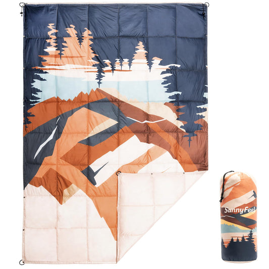 SUNNYFEEL Warm Camping Blanket, Packable Printed Blanket for Cold Weather, Waterproof Outdoor Blanket with Snap Buttons, Wearable Shawl for Camping, Hiking, Stadium, Picnic (55"x79")