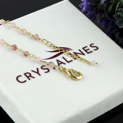 CRYSTALINES Natural Strawberry Quartz Gemstone Cluster Bracelet, Handmade Boho Jewelry for Women, 14K Gold Plated Rosary Chain Beads, Healing Crystals & Stones, Birthday Christmas Gift 8"