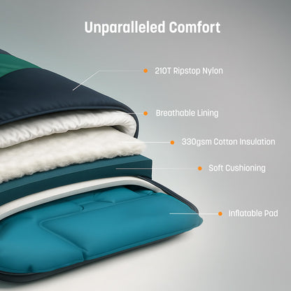 Rangland Sleeping Bag with Built-in Pad (AirPack Sleeper) - All-in-One Inflatable Sleeping Pad and Zip-Up Blanket for Camping with Built-in Foot Pump (Black/Green) 80"×30"