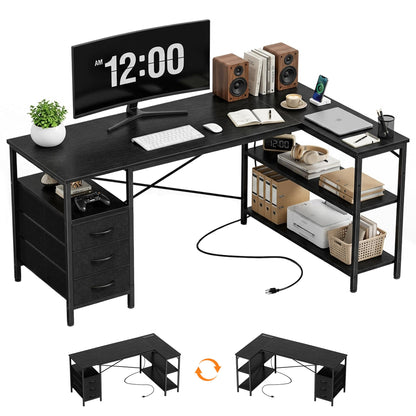 Alpen Computer Desk with Drawers, L Shaped Desk for Bedroom with Power Outlets, Gaming Table with 3 Drawers and Shelves, Corner Desk for Gaming, Study Writing PC Table, 47 Inch, Black